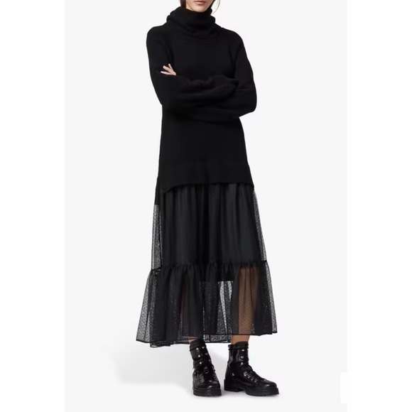 AllSaints Dresses & Skirts - AllSaints Tula Dress Small Black Wool Blend Roll Neck Mesh Tiered Maxi WD335R